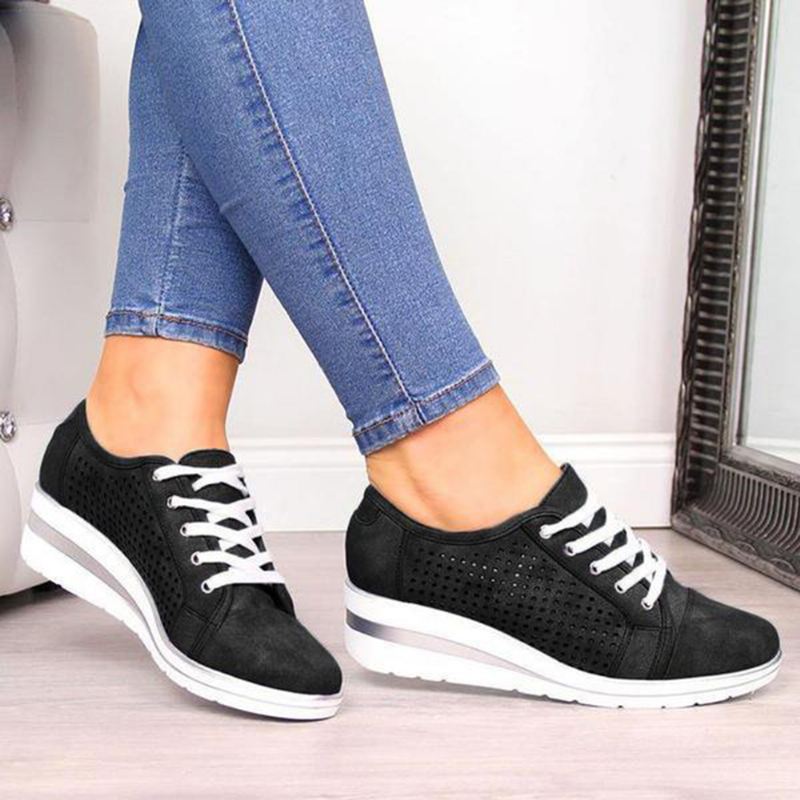 Stor Størrelse Kvinder Casual Ensfarvede Runde Toe Lace Up Wedges Loafers