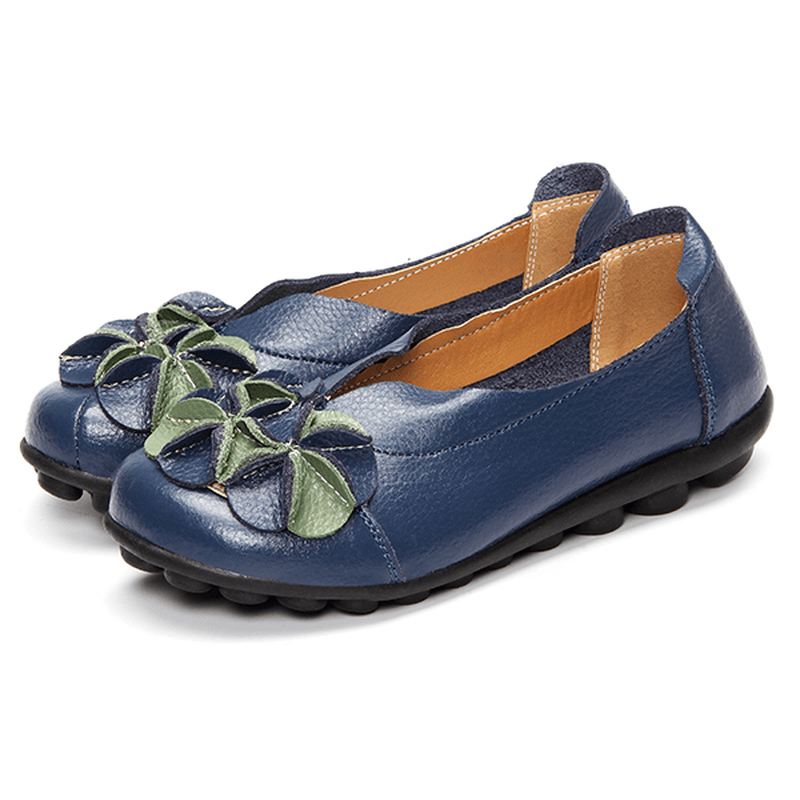 Us Størrelse 5-13 Kvinder Blomster Flade Sko Casual Outdoor Læder Slip-on Runde Tå Loafers