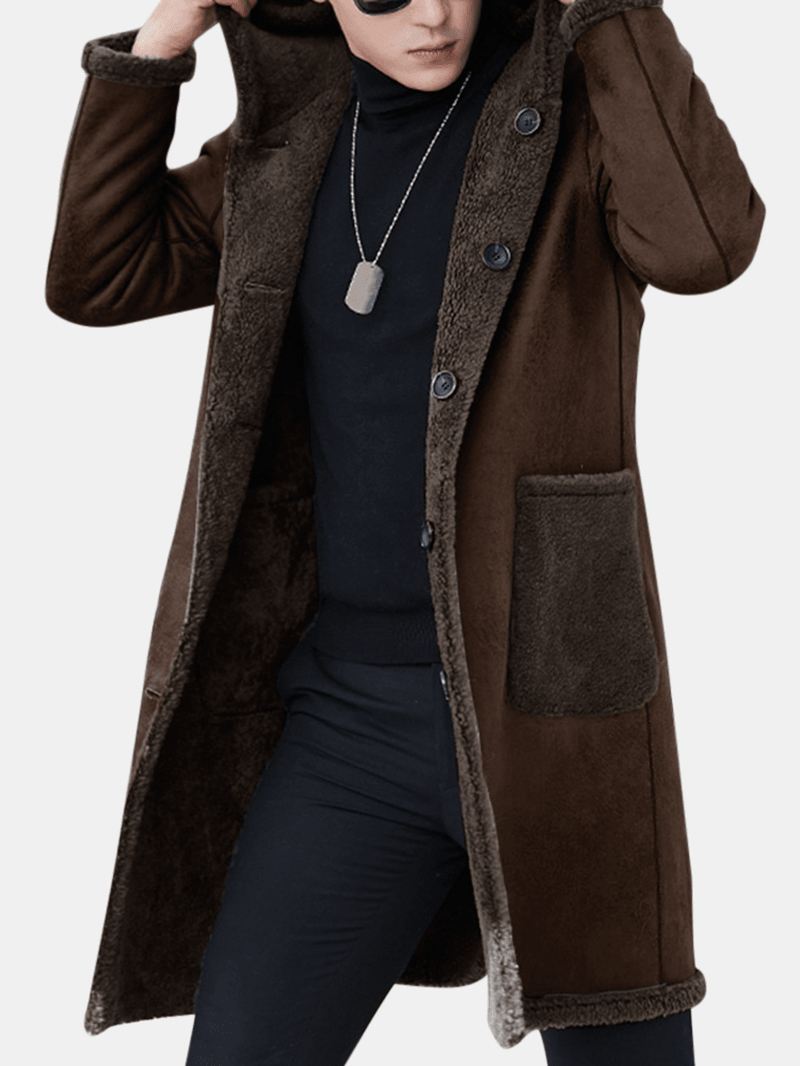 Herre Dobbeltsidet Bærbar Shearling Coat Hooded Mid Long Faux Fur Uldfrakker