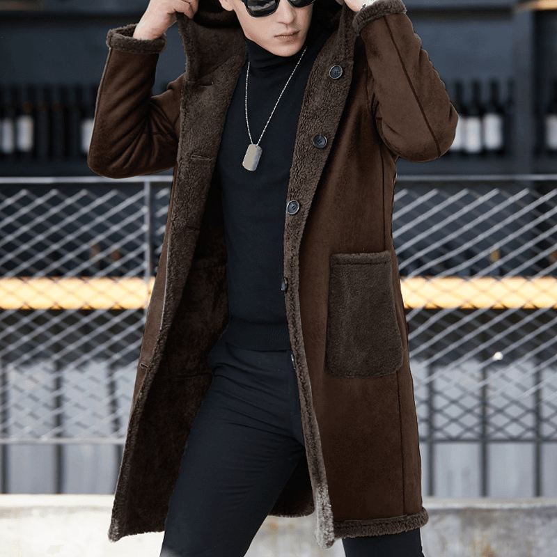 Herre Dobbeltsidet Bærbar Shearling Coat Hooded Mid Long Faux Fur Uldfrakker