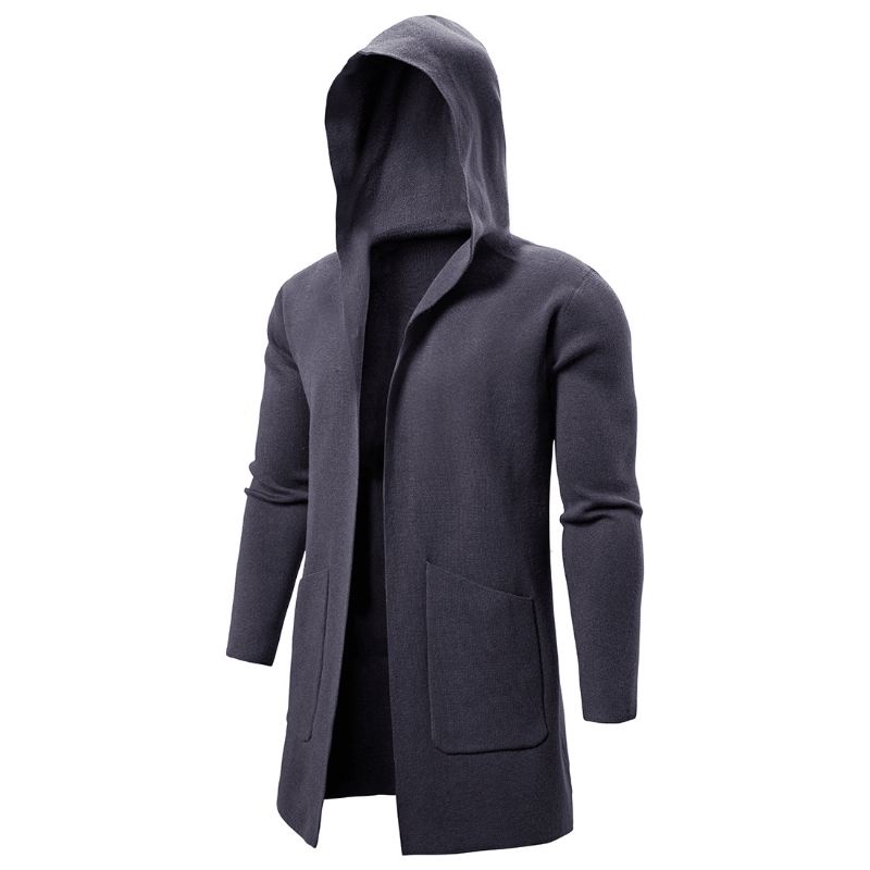 Herre Hooded Store Lommer Pure Color Tykke Mid Long Casual Frakker