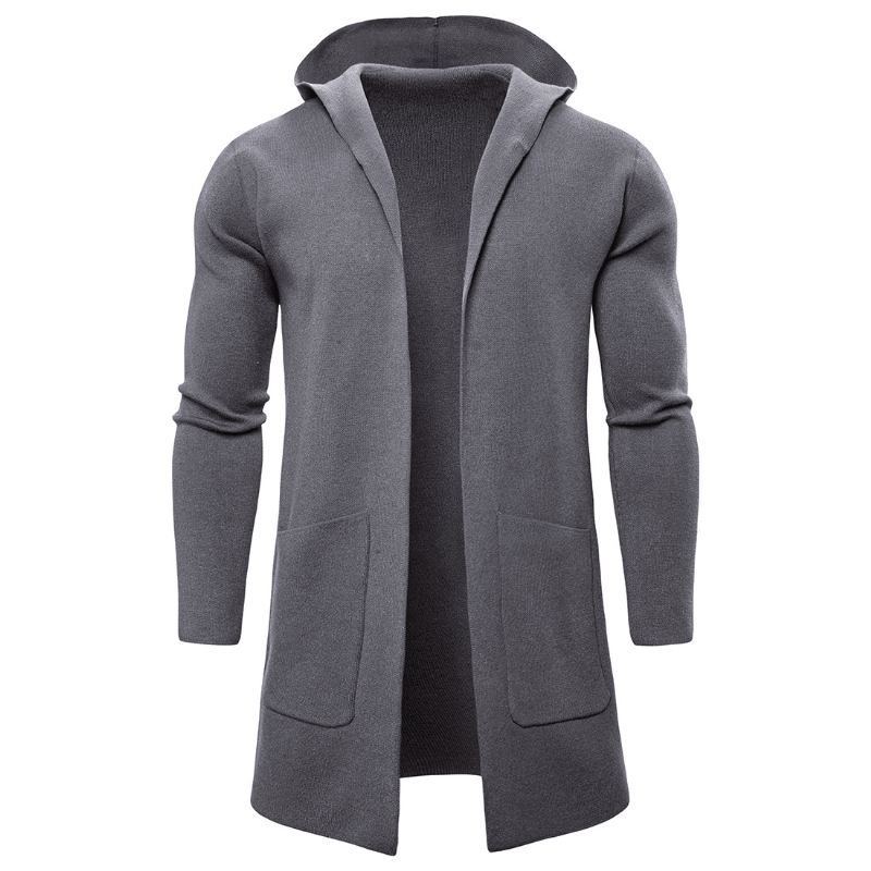 Herre Hooded Store Lommer Pure Color Tykke Mid Long Casual Frakker