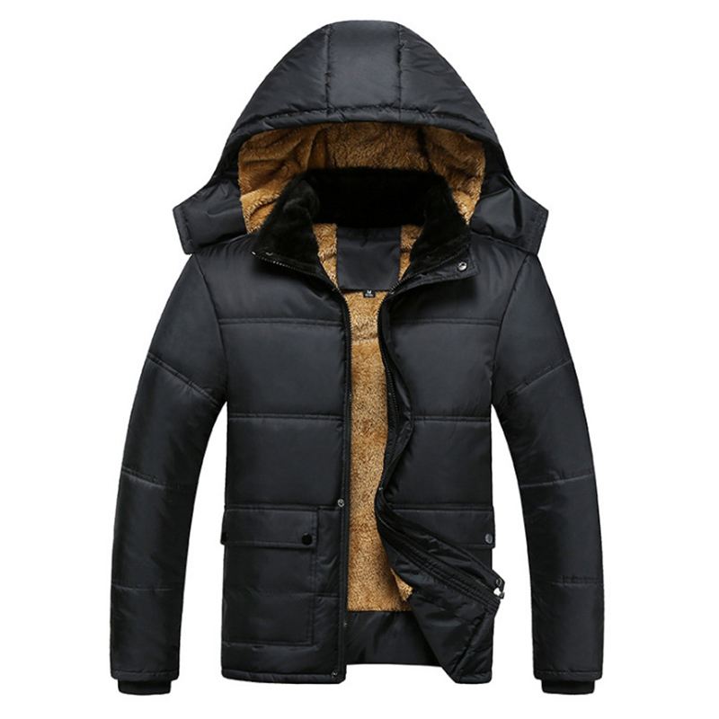 Herre Tyk Varm Vinter Fleece Hættejakke Sort Big Pocket Coats