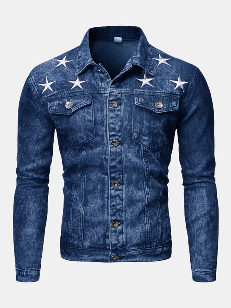 Herremode Med Tryk Lommedekoration Casual Washed Denim Jakke