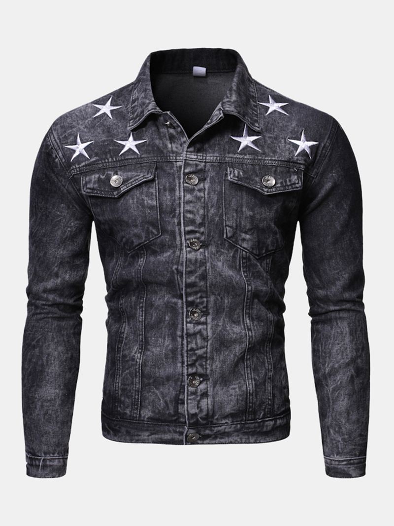 Herremode Med Tryk Lommedekoration Casual Washed Denim Jakke