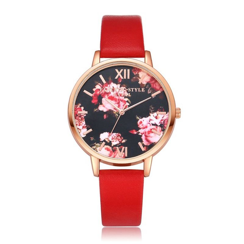 Blomster Display Elegant Design Dame Armbåndsur Pu Læder Band Quartz Watch