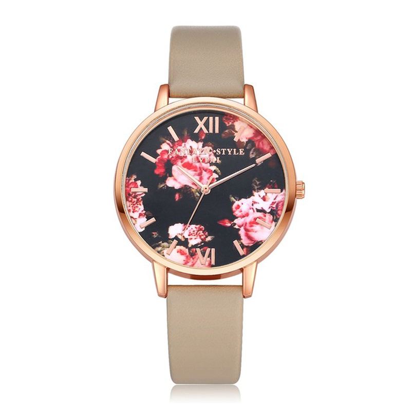 Blomster Display Elegant Design Dame Armbåndsur Pu Læder Band Quartz Watch