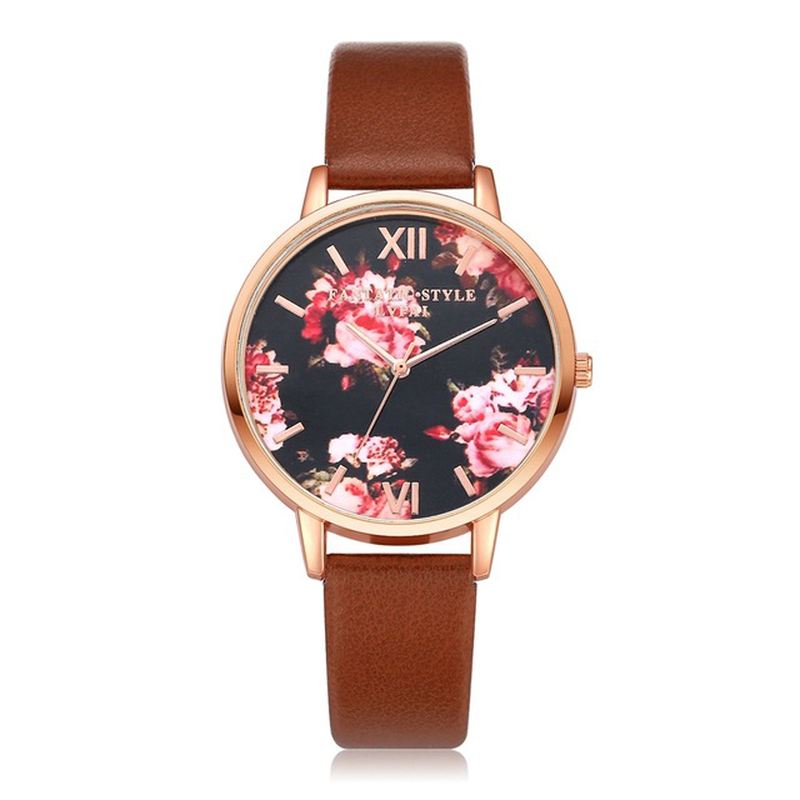 Blomster Display Elegant Design Dame Armbåndsur Pu Læder Band Quartz Watch