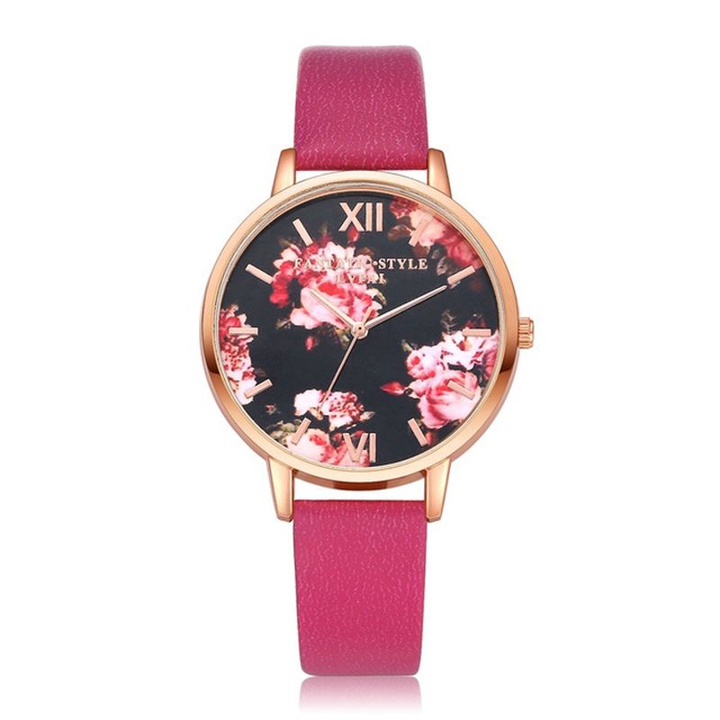 Blomster Display Elegant Design Dame Armbåndsur Pu Læder Band Quartz Watch