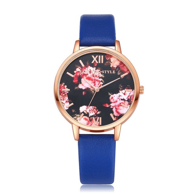 Blomster Display Elegant Design Dame Armbåndsur Pu Læder Band Quartz Watch