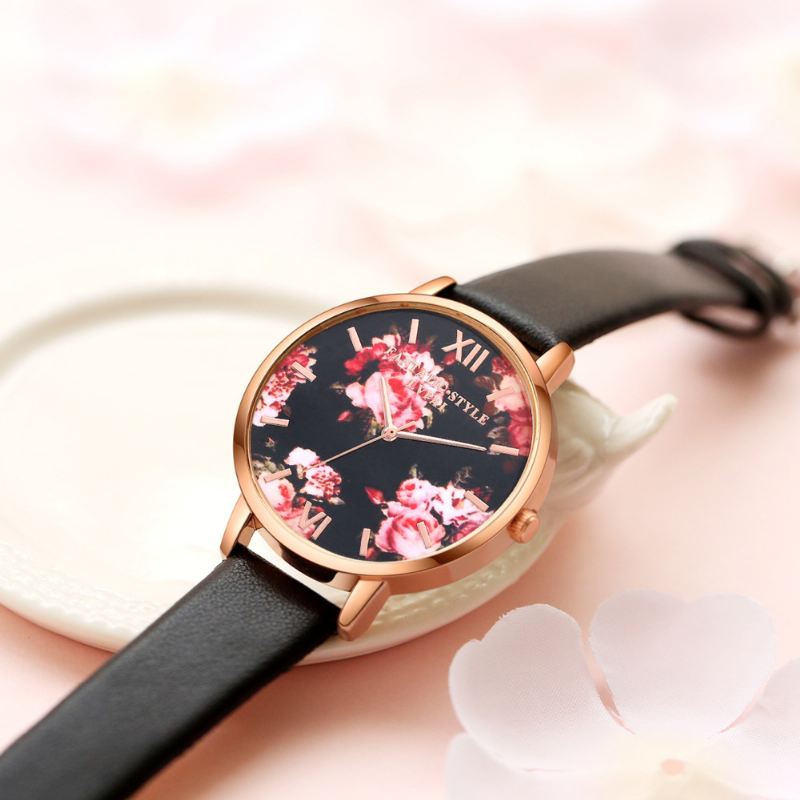 Blomster Display Elegant Design Dame Armbåndsur Pu Læder Band Quartz Watch