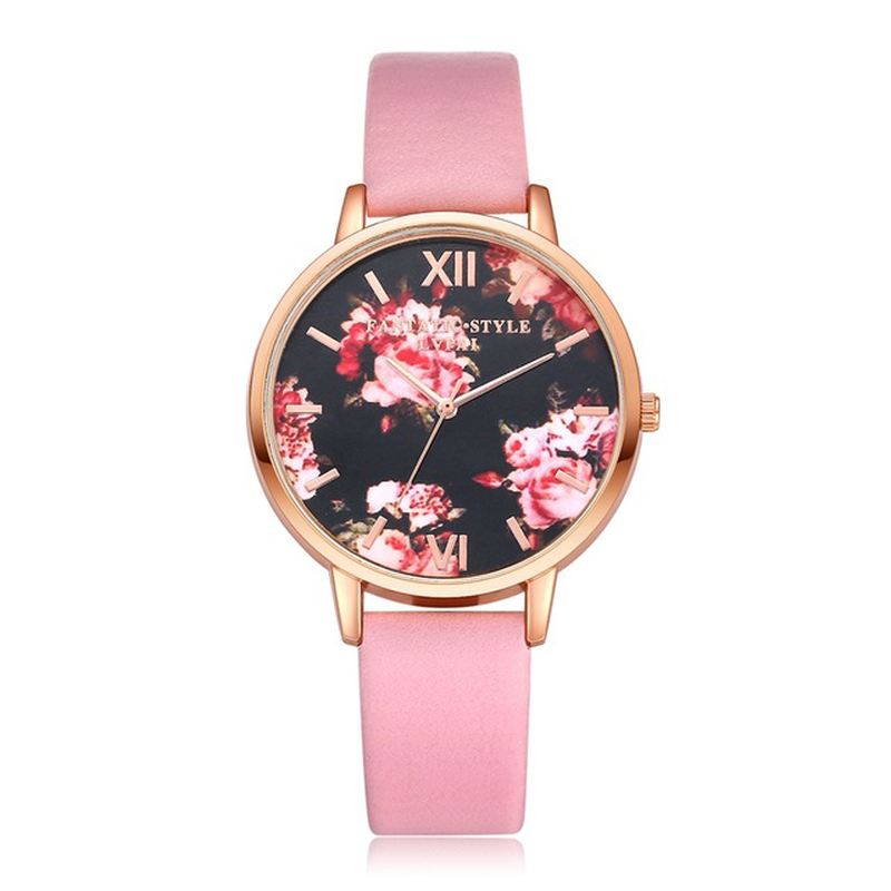 Blomster Display Elegant Design Dame Armbåndsur Pu Læder Band Quartz Watch