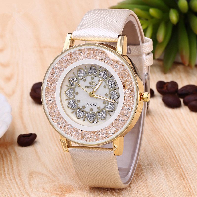 Crystal Shining Dress Dame Watch Rose Gold Case Læderrem Quartz Ure