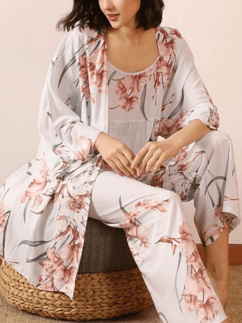 3 Stk Kvinder Blomsterprint Sling Wide Leg Bukser Åben Front Robes Casual Home Pyjamas Sæt