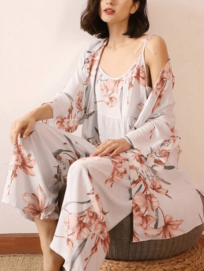 3 Stk Kvinder Blomsterprint Sling Wide Leg Bukser Åben Front Robes Casual Home Pyjamas Sæt