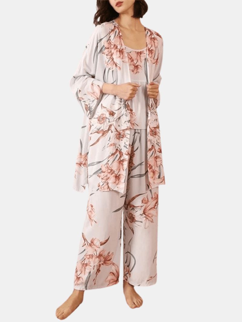 3 Stk Kvinder Blomsterprint Sling Wide Leg Bukser Åben Front Robes Casual Home Pyjamas Sæt