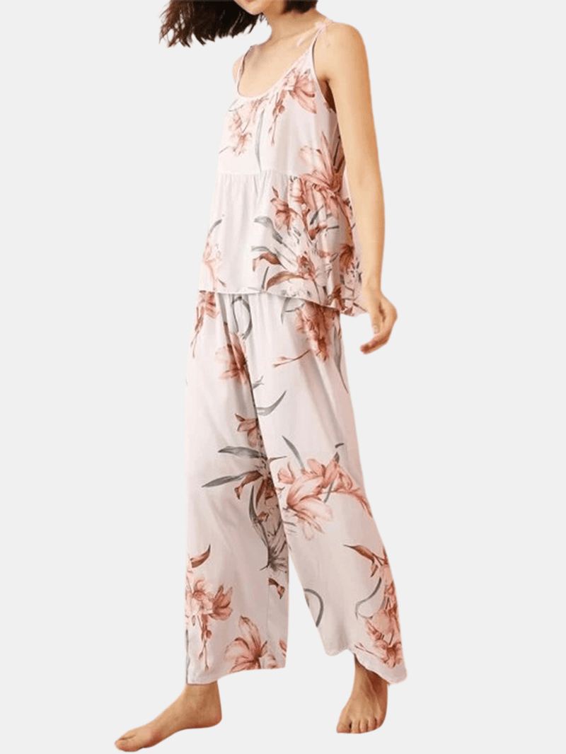 3 Stk Kvinder Blomsterprint Sling Wide Leg Bukser Åben Front Robes Casual Home Pyjamas Sæt