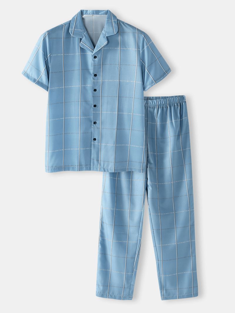 Bomuld Herre Design Letter Plaid Revere Krave Hjem Casual Pyjamas Sæt