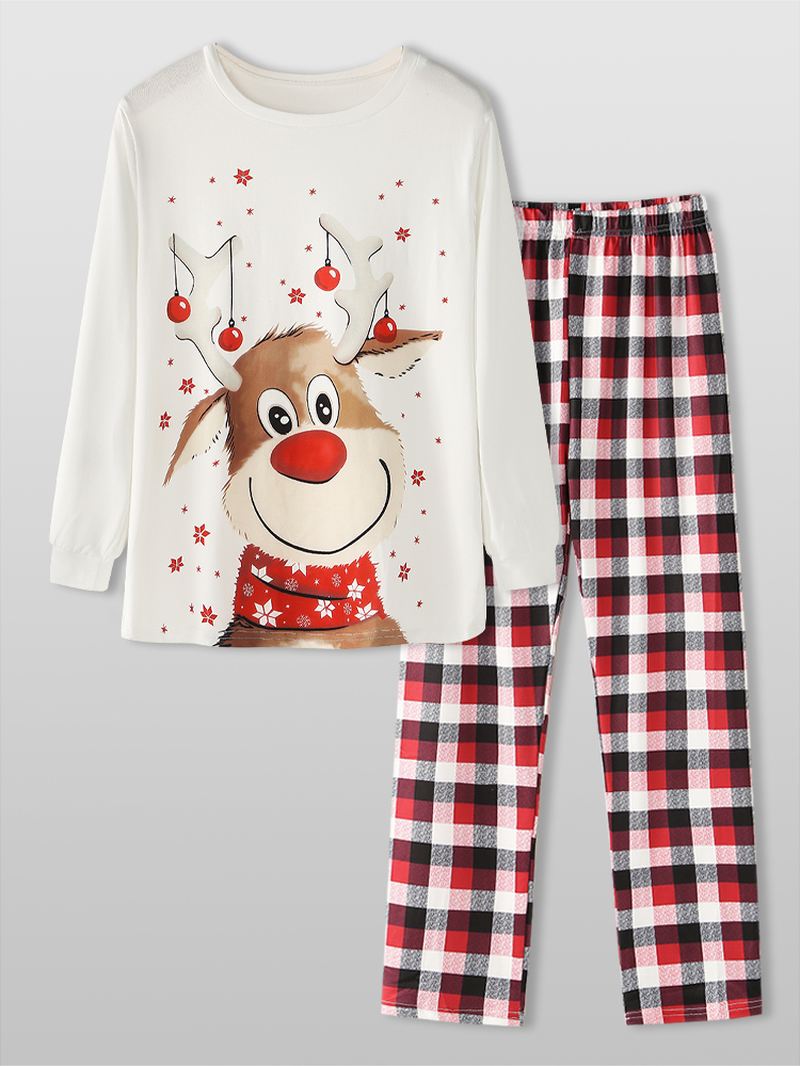 Christmas Style Kvinder Cute Elk Med Tryk Pullover Plaid Elastik Løs Talje Bukser Hjem Pyjamas Sæt