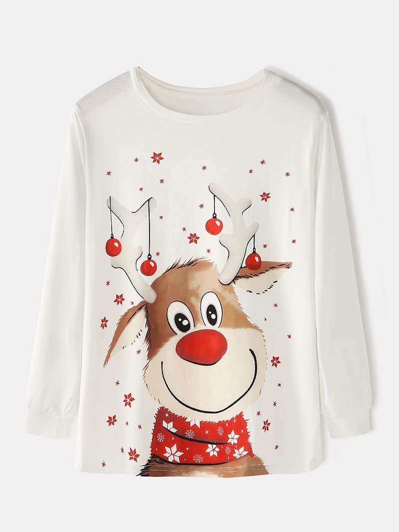 Christmas Style Kvinder Cute Elk Med Tryk Pullover Plaid Elastik Løs Talje Bukser Hjem Pyjamas Sæt