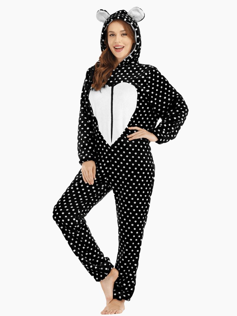 Flannel Lynlås Foran Polka Dot Onesie Langærmet Dyr Pyjamas Sæt