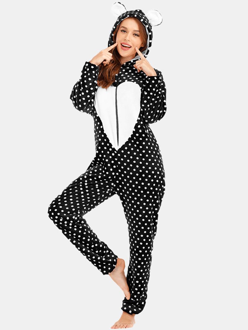 Flannel Lynlås Foran Polka Dot Onesie Langærmet Dyr Pyjamas Sæt