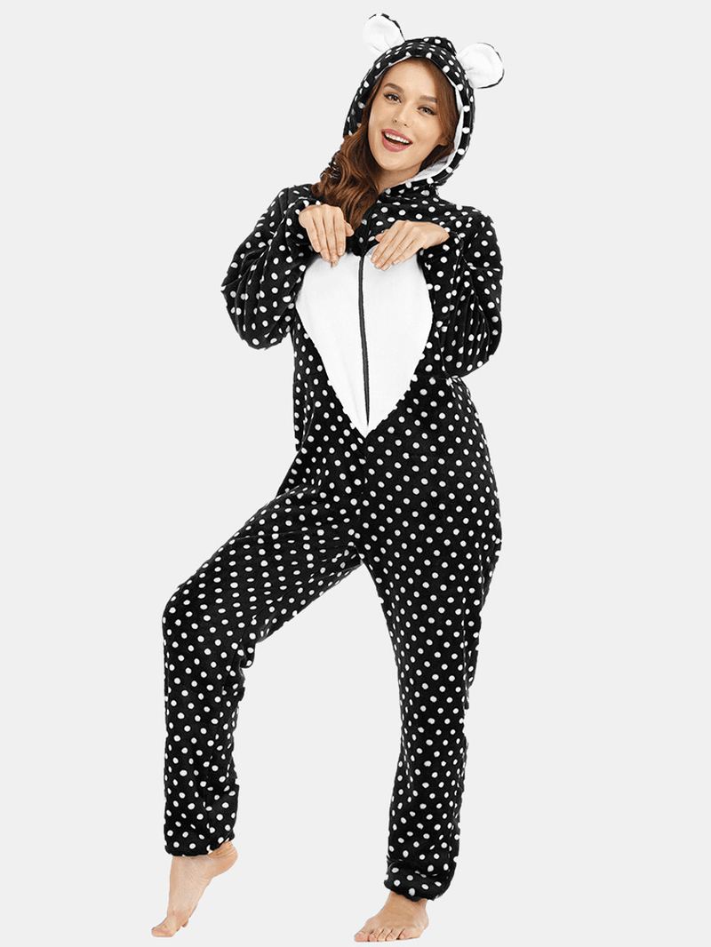 Flannel Lynlås Foran Polka Dot Onesie Langærmet Dyr Pyjamas Sæt