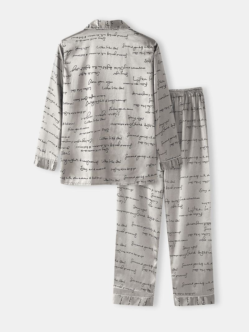 Herre Allover Slogan Med Tryk Flap Pocket Faux Silk Home Long Sleeve Lounge Pyjamas