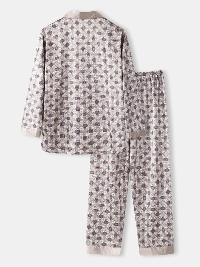 Herre Allover Udskrivning Is Silke Casual Løs Langærmet Home Lounge Pyjamas Sæt Med Lomme