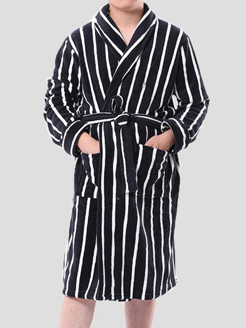 Herre Basic Stribet Med Tryk Flanell Vinter Tykke Mid-length Home Lounge Robes