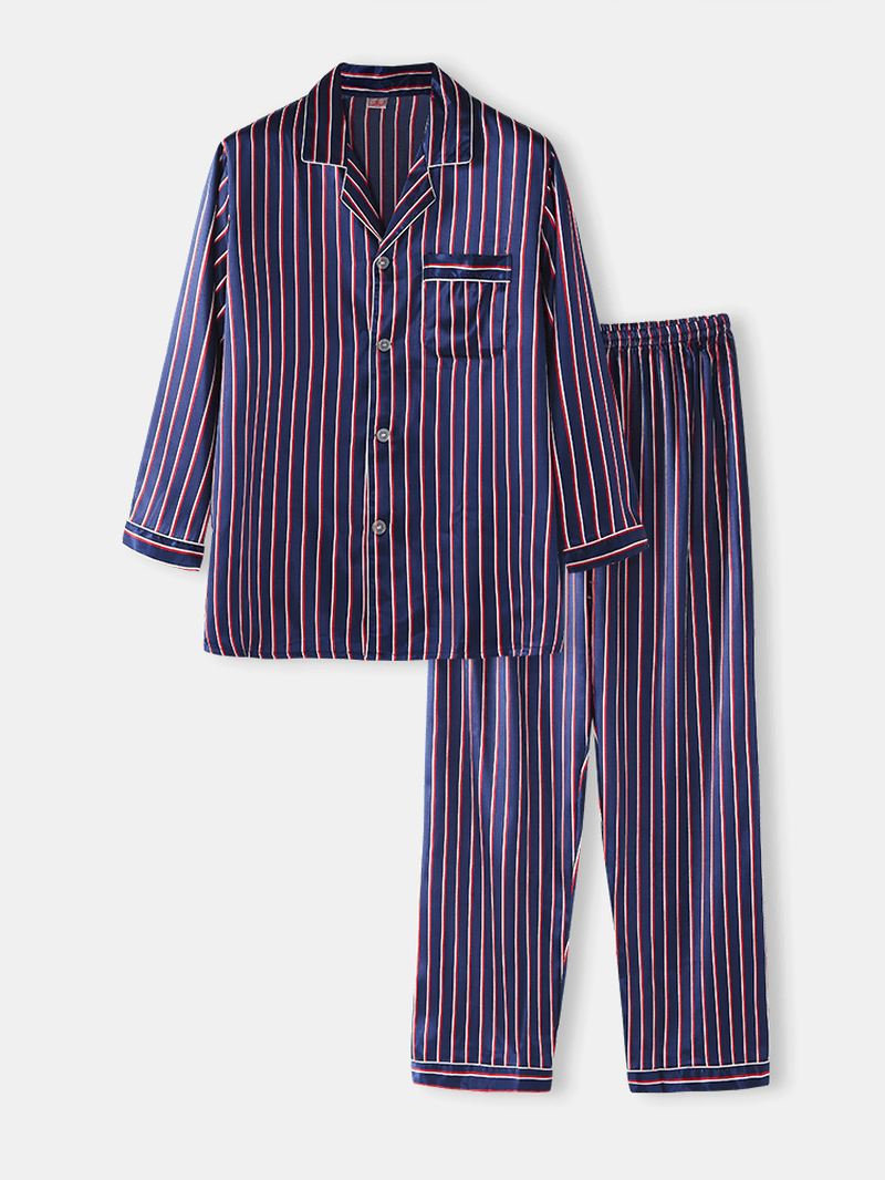 Herre Basic Stribet Silke Tynd Langærmet Home Casual Pyjamas Sæt