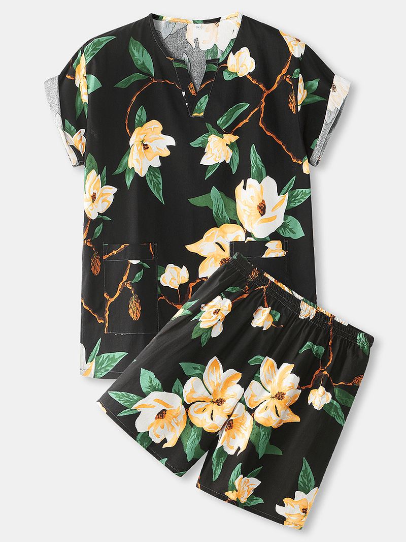 Herre Blomsterprint V-hals Løs Bomuld Kort Loungewear Med Lomme