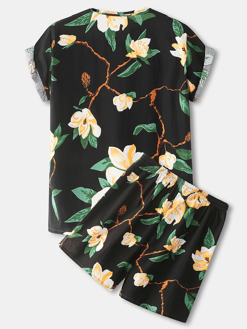 Herre Blomsterprint V-hals Løs Bomuld Kort Loungewear Med Lomme