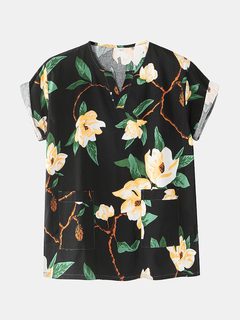 Herre Blomsterprint V-hals Løs Bomuld Kort Loungewear Med Lomme