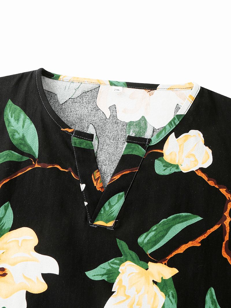 Herre Blomsterprint V-hals Løs Bomuld Kort Loungewear Med Lomme