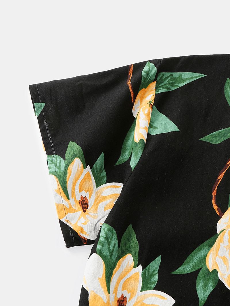 Herre Blomsterprint V-hals Løs Bomuld Kort Loungewear Med Lomme