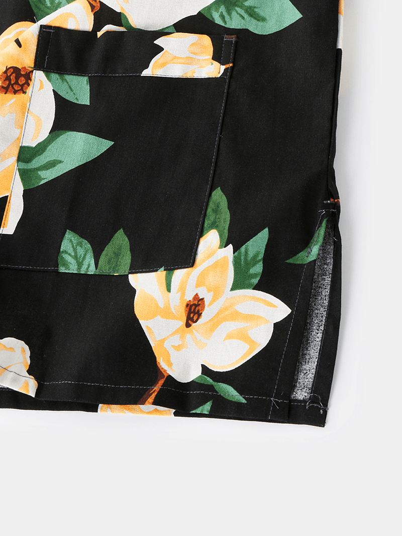 Herre Blomsterprint V-hals Løs Bomuld Kort Loungewear Med Lomme