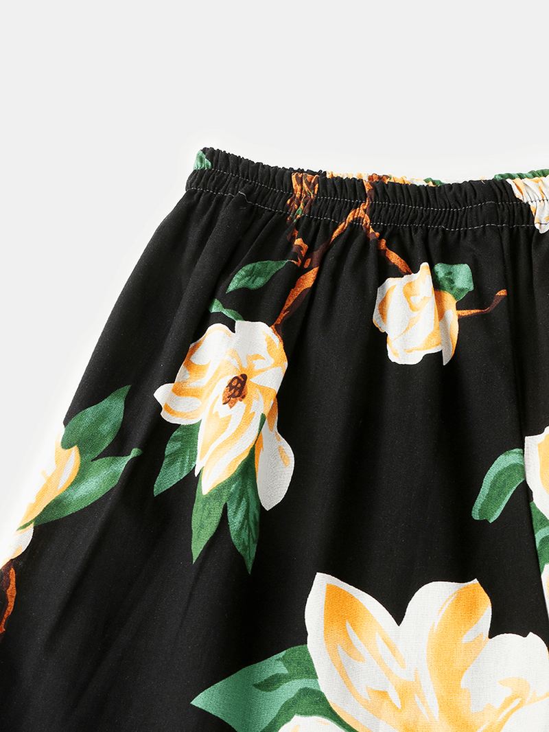 Herre Blomsterprint V-hals Løs Bomuld Kort Loungewear Med Lomme