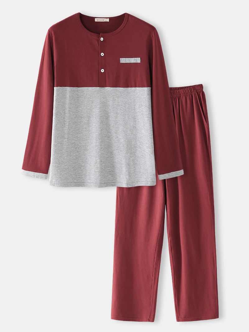 Herre Bomuld Colorblock Halv Knap Løs Hjem Casual Varm Langærmet Pyjamas Sæt