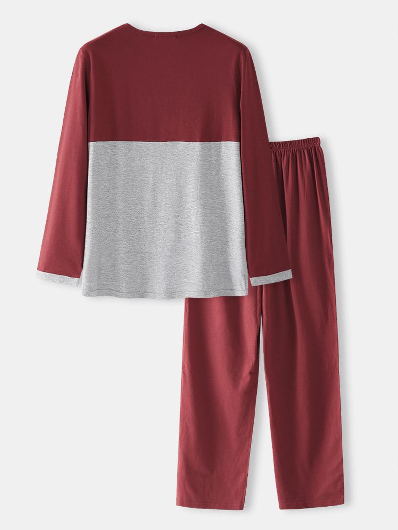 Herre Bomuld Colorblock Halv Knap Løs Hjem Casual Varm Langærmet Pyjamas Sæt