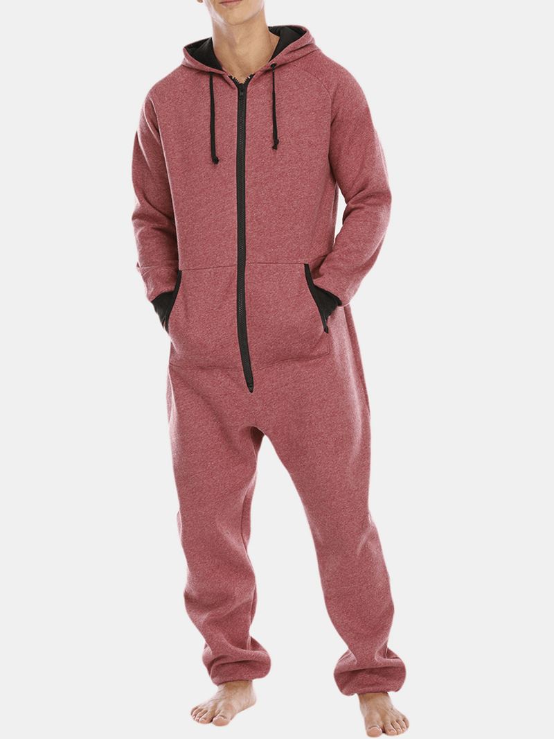 Herre Bomuld Solid Hooded Pocket Langærmet Home Jumpsuit Lynlås Nattøj