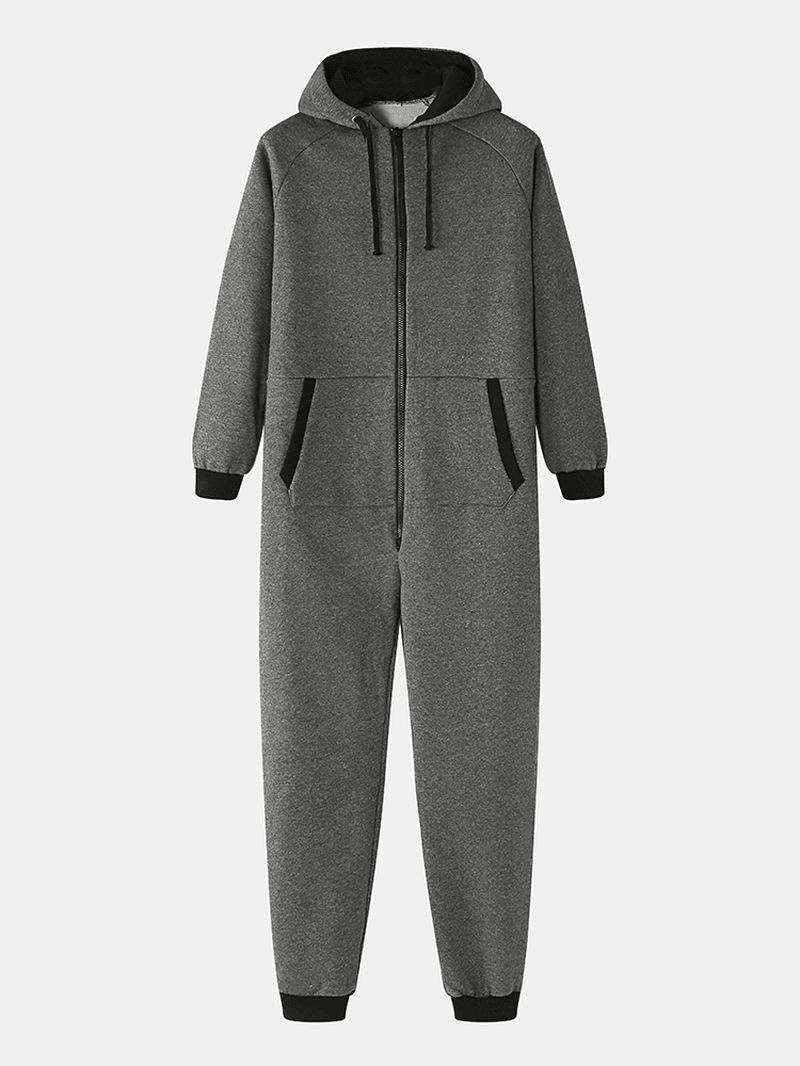 Herre Bomuld Solid Hooded Pocket Langærmet Home Jumpsuit Lynlås Nattøj