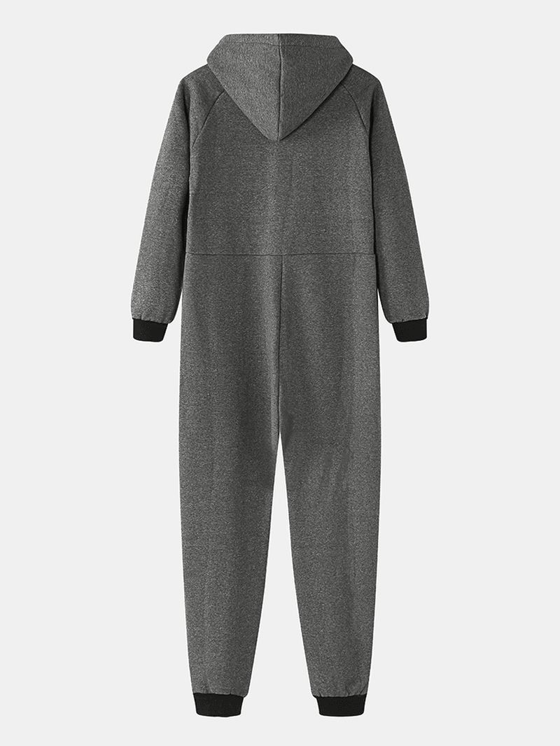 Herre Bomuld Solid Hooded Pocket Langærmet Home Jumpsuit Lynlås Nattøj