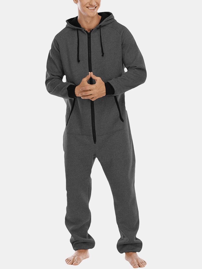 Herre Bomuld Solid Hooded Pocket Langærmet Home Jumpsuit Lynlås Nattøj