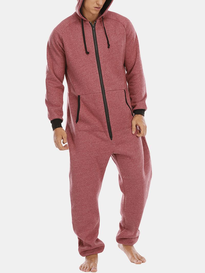 Herre Bomuld Solid Hooded Pocket Langærmet Home Jumpsuit Lynlås Nattøj