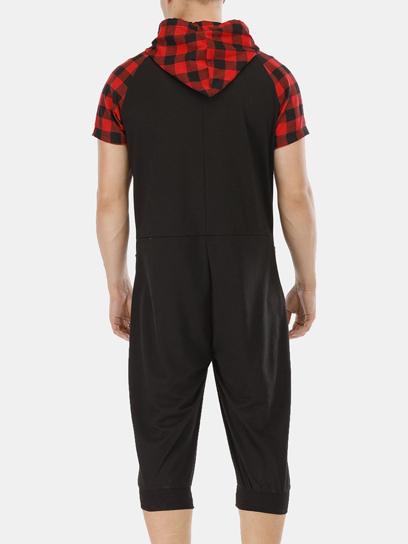 Herre Casual Bomuld Hætte Plaid Style Kortærmet Hjemme Jumpsuit