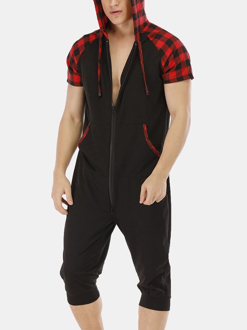 Herre Casual Bomuld Hætte Plaid Style Kortærmet Hjemme Jumpsuit