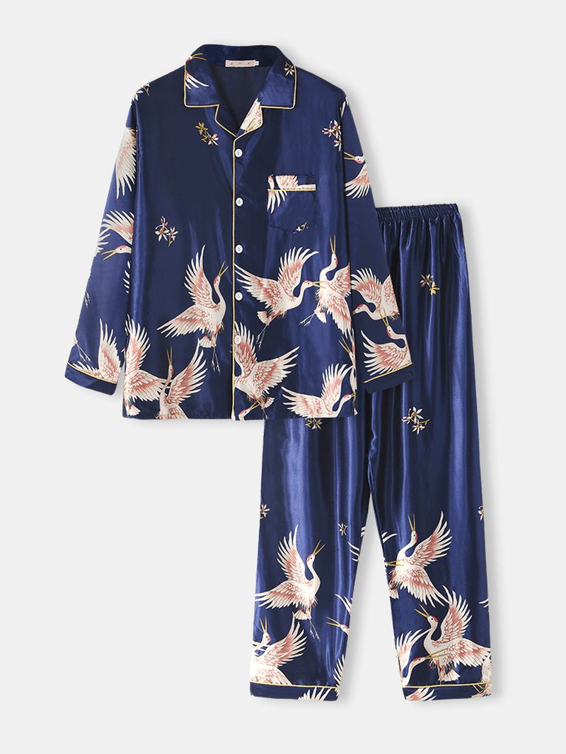 Herre Crane Med Tryk Faux Silk Home Revere Krave Langærmet Løs Lounge Pyjamas Sæt