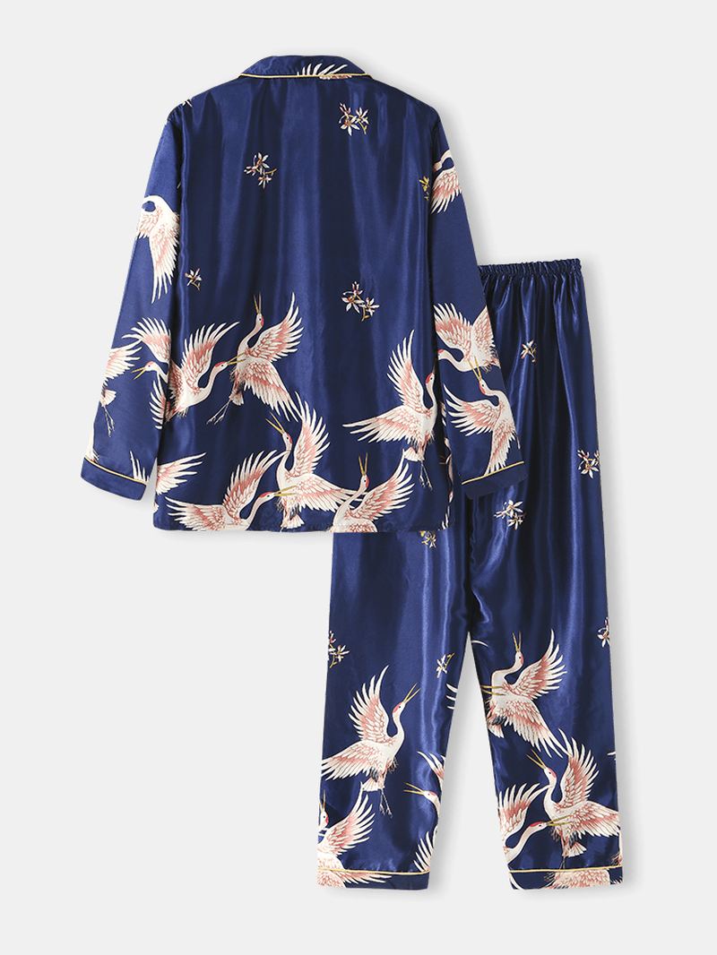 Herre Crane Med Tryk Faux Silk Home Revere Krave Langærmet Løs Lounge Pyjamas Sæt