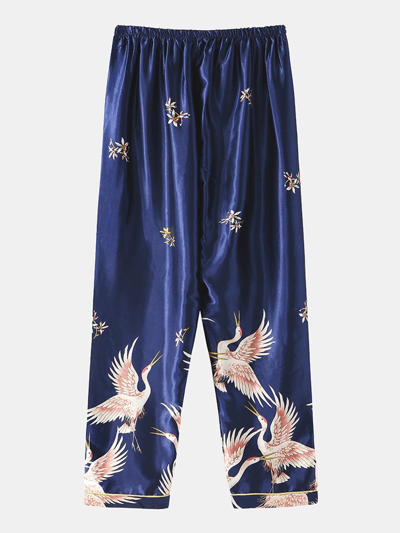 Herre Crane Med Tryk Faux Silk Home Revere Krave Langærmet Løs Lounge Pyjamas Sæt